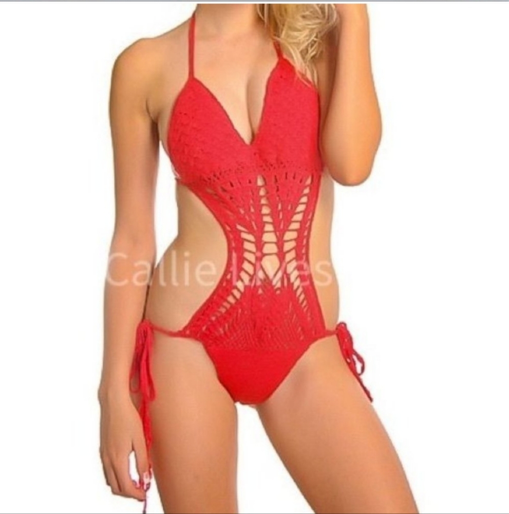 New! Callie Red Pink Crochet String Tied Monokini Bodysuit